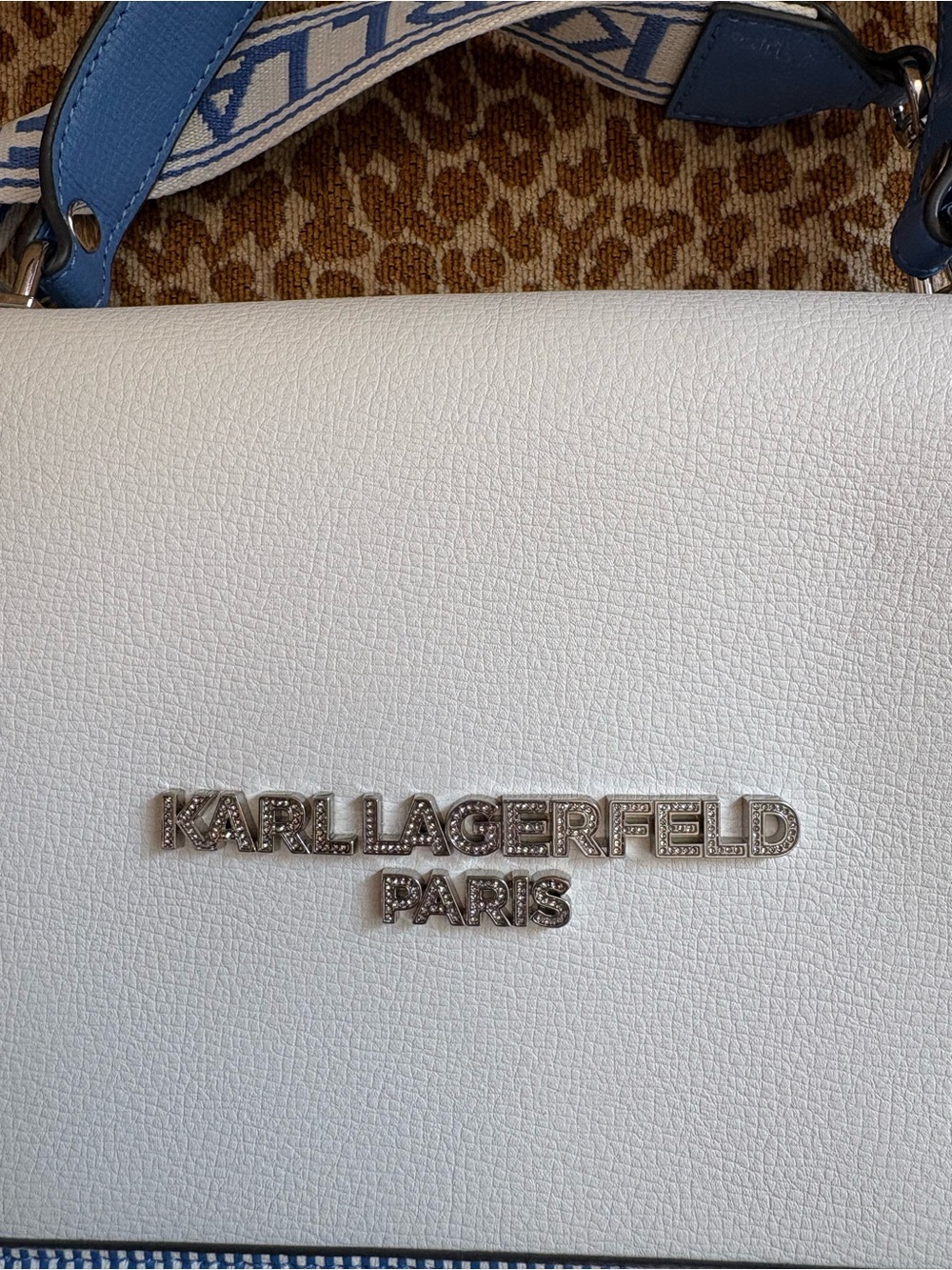 Karl Lagerfeld White and Light Blue Top Handle Shoulder Bag with Stripe Trim - Picture 4 of 11